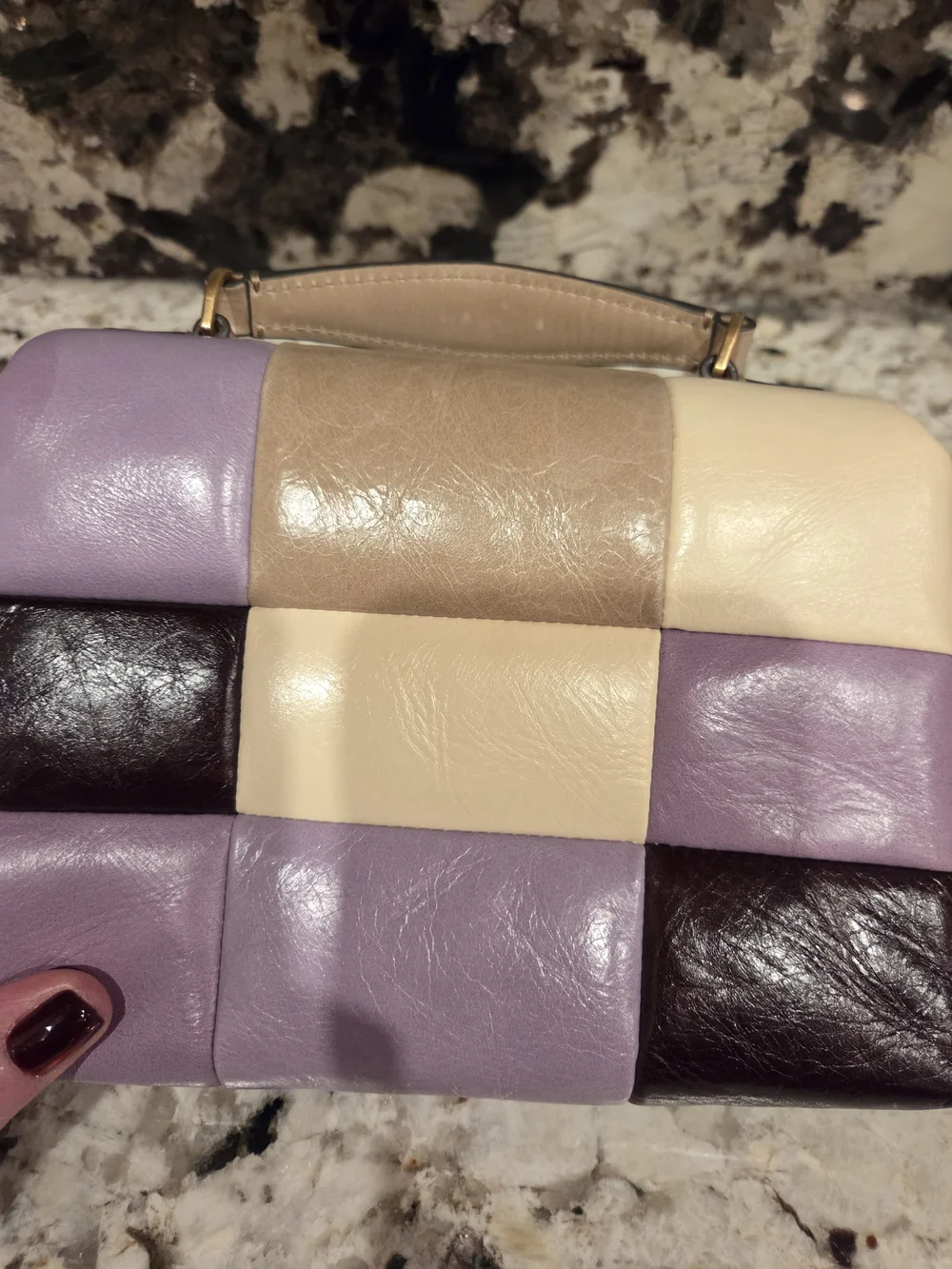 Tory Burch Patchwork Leather Shoulder Bag in Lavender, Cream & Brown